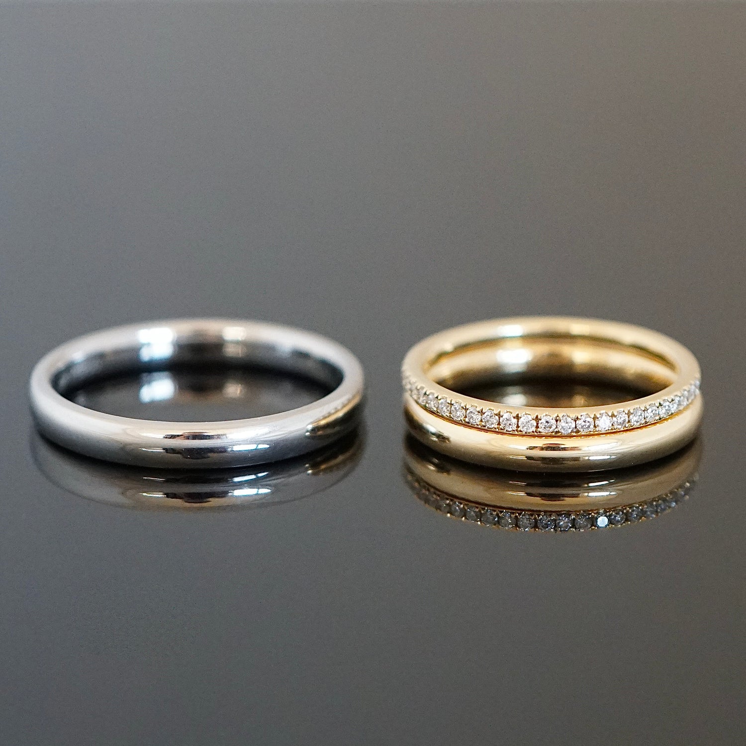 Eheringe ganz nach deinen Wünschen mit polierter Oberfläche, verschiedene Materialien und Vorsteckring mit Diamanten