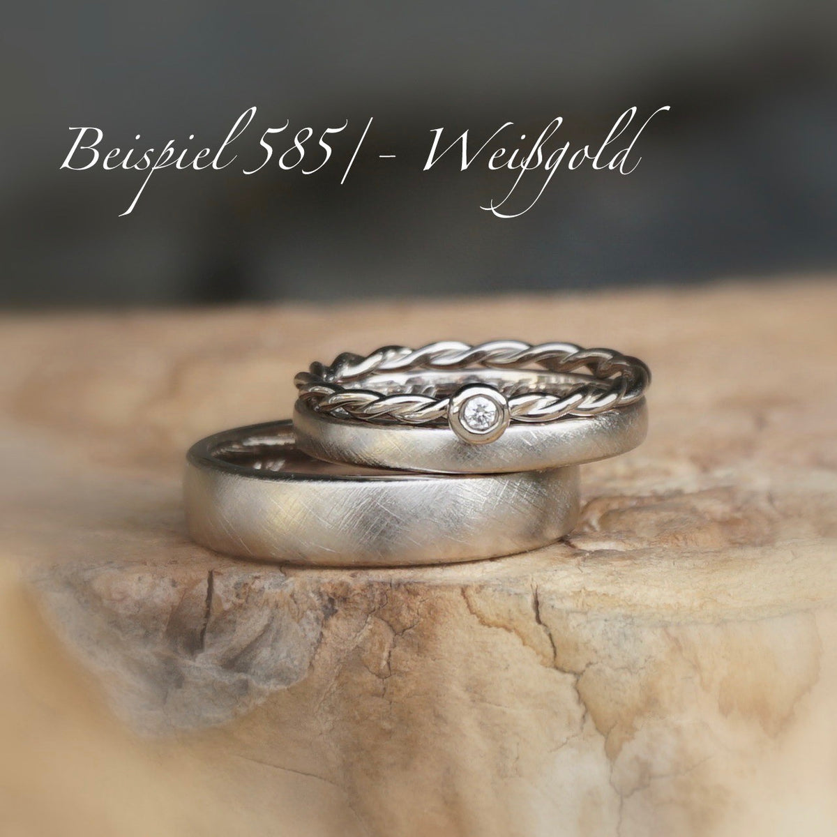 Eheringe Boho Set aus Weißgold. Verlobungsring und passender Ehering.