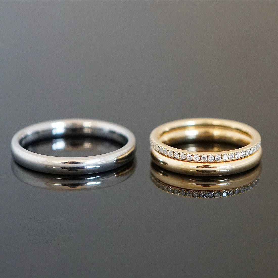 Eheringe ganz nach deinen Wünschen mit polierter Oberfläche, verschiedene Materialien und Vorsteckring mit Diamanten 