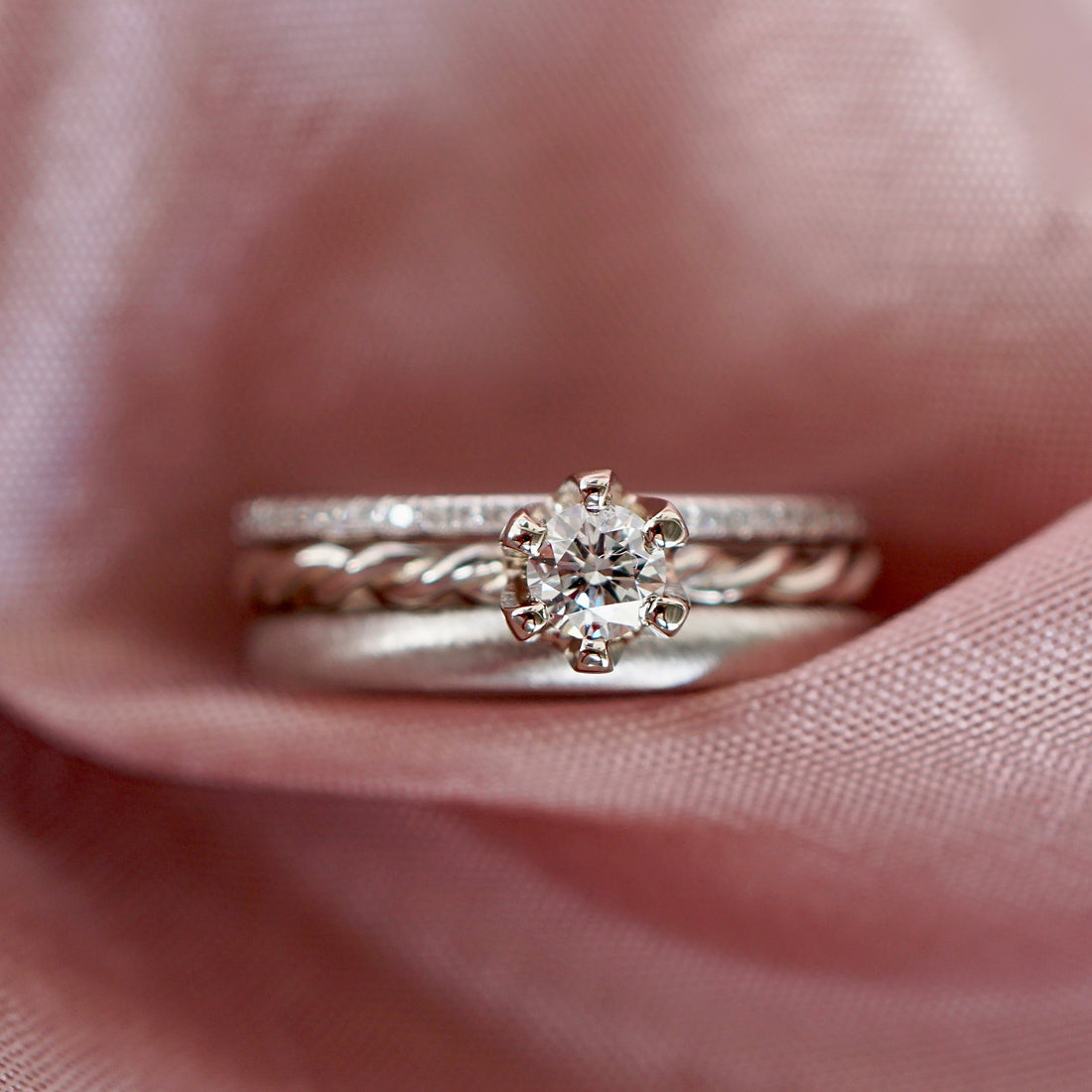 Ringset drei Ringe zusammen, Diamantringe aus Weißgold oder Platin