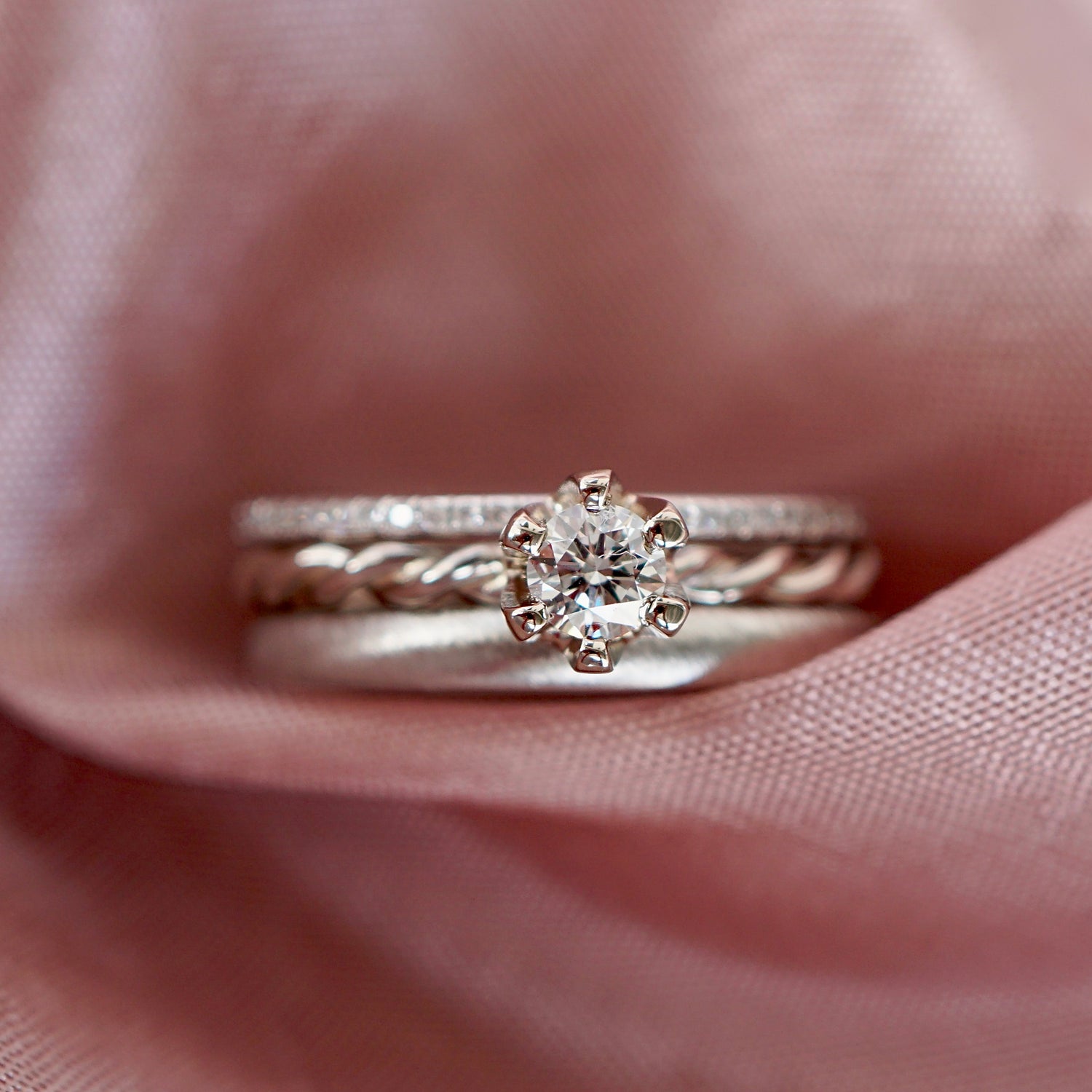 Ringset drei Ringe zusammen, Diamantringe aus Weißgold oder Platin